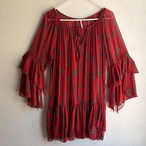 NWOT Free People SUN-SETTER Mini Dress or Tunic Sz M Color Burgundy/Gray Floral